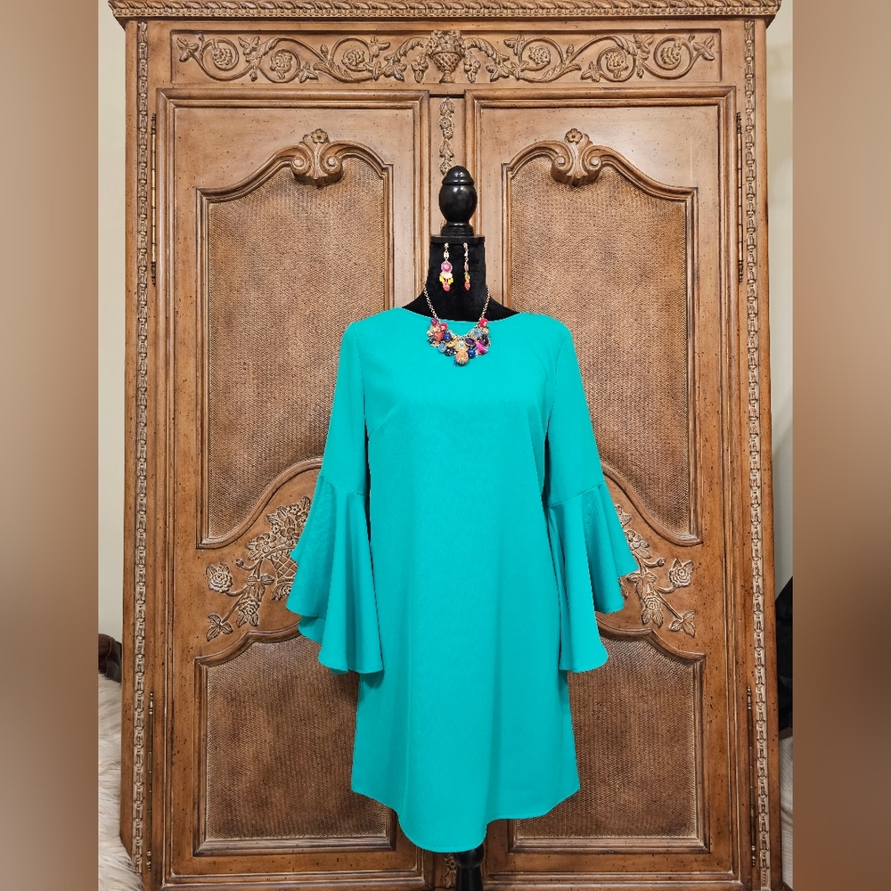 Green Shift Dress with Bell Sleeves